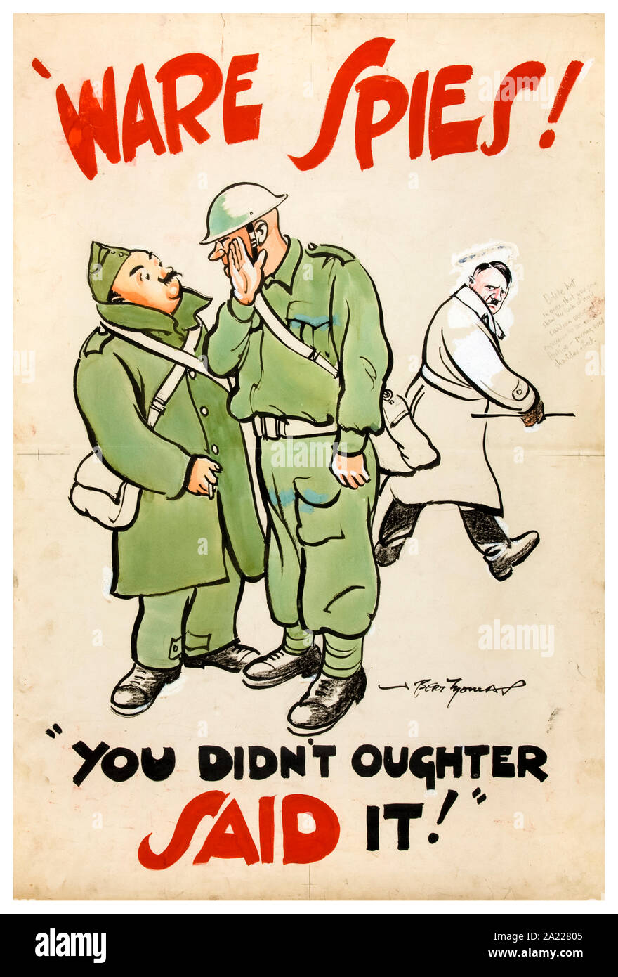 British, WW2 Careless talk poster, (Beware) `Ware spies!, You didn't oughter said it (soldiers talking with Hitler figure nearby), poster, 1939-1946 Stock Photo
